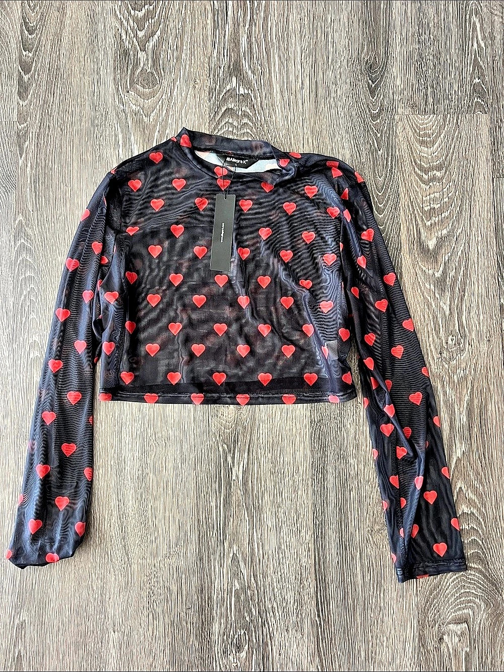 SABRINA G Women's Heart Print Mesh Crop Top NWT